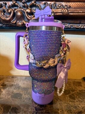 Lavender Rhinestone Embellished Travel Tumbler with Decorative Chain